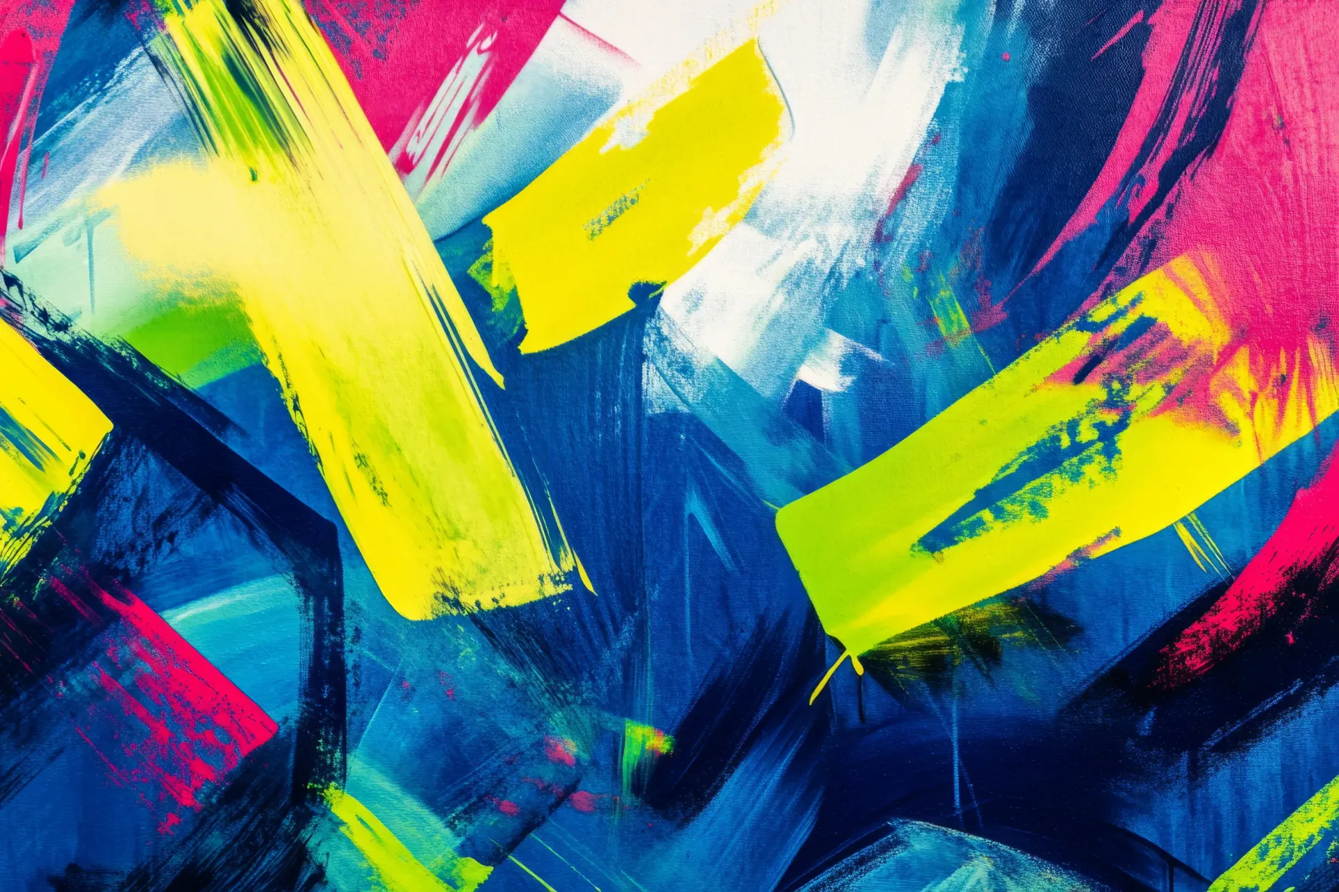 Cuadro abstracto con pinceladas atrevidas en azul, amarillo y rosa.