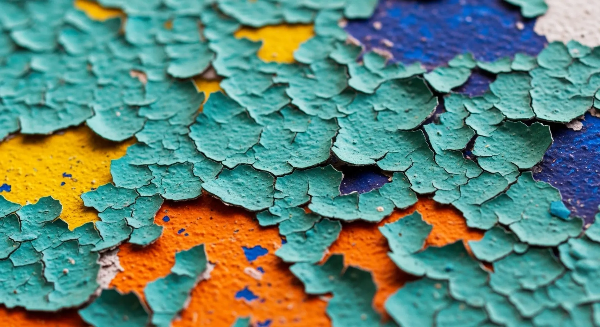 Pintura turquesa descascarada en una pared con naranja, amarillo y azul debajo.