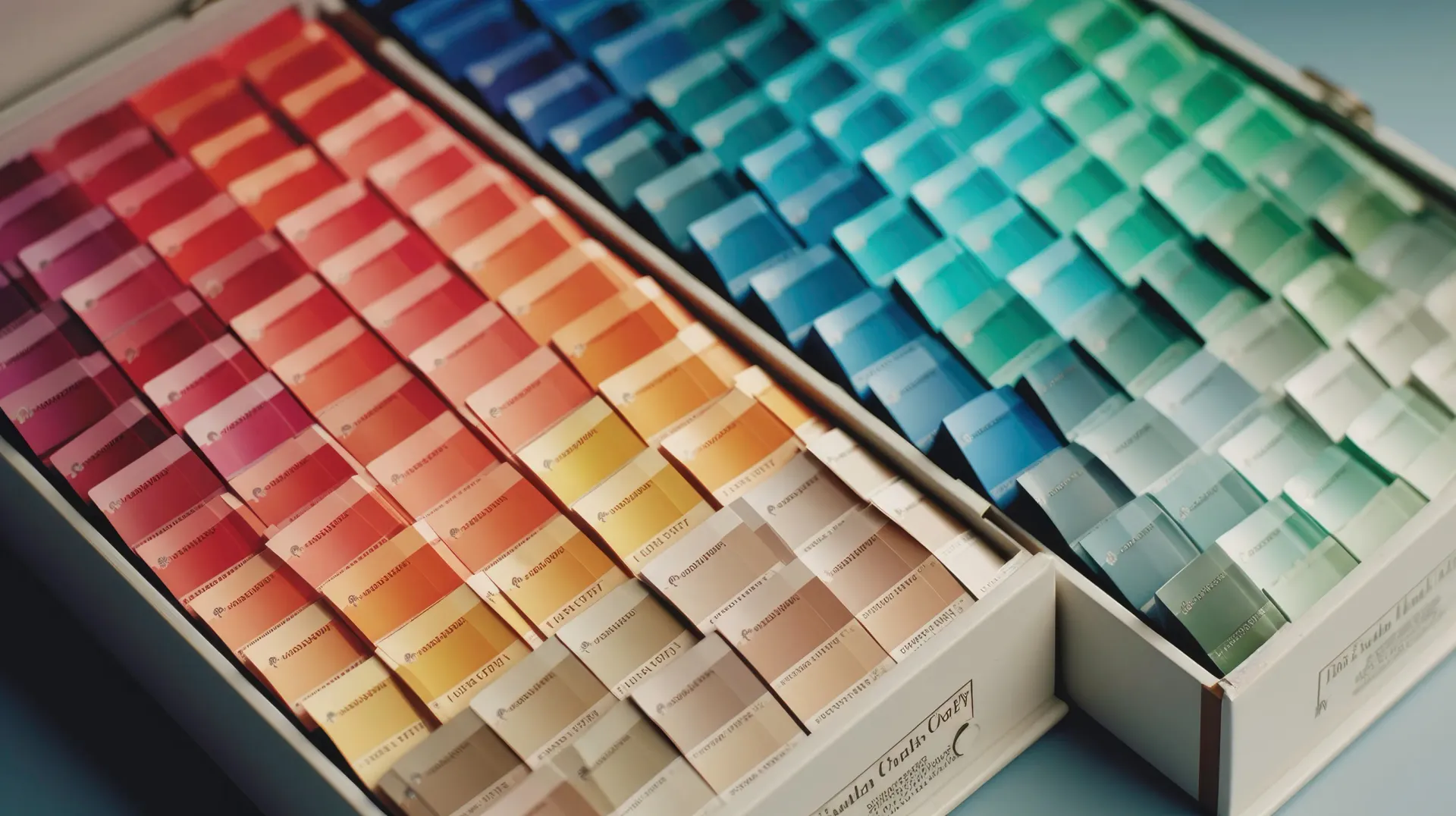 Muestras de color dispuestas en dos bandejas, mostrando un espectro de rojos, naranjas y azules.