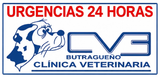 Clínica veterinaria CVE Butragueño con urgencias 24 horas y logo de perro y gato en azul y rojo