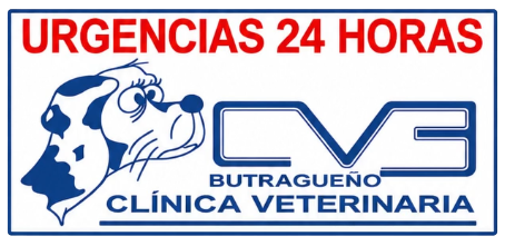 Clínica veterinaria CVE Butragueño con urgencias 24 horas y logo de perro y gato en azul y rojo