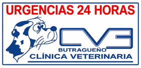Clínica veterinaria CVE Butragueño con urgencias 24 horas y logo de perro y gato en azul y rojo
