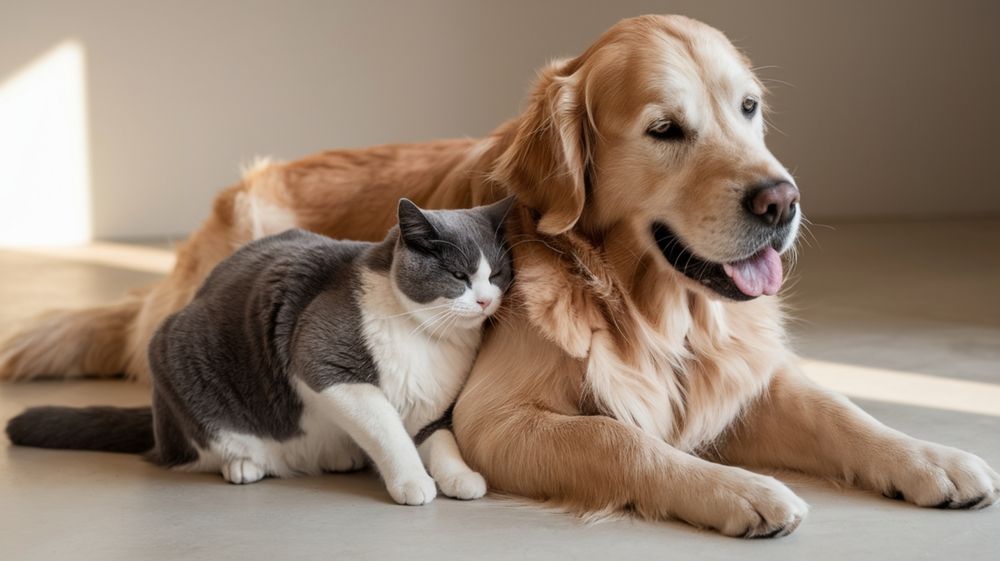 Un golden retriever y un gato gris y blanco yacen juntos en un suelo iluminado por el sol.