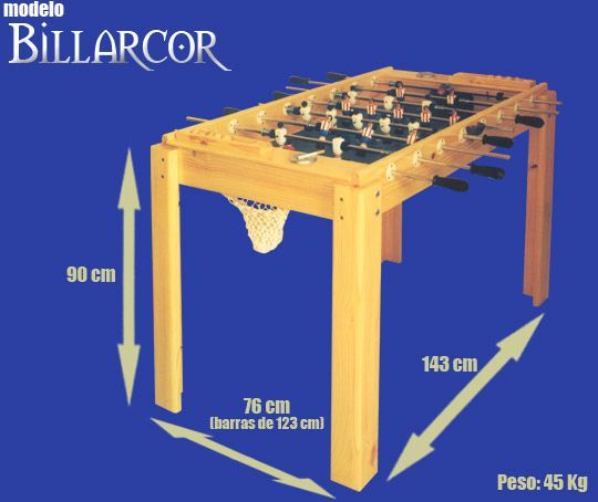 Futbolín con dimensiones etiquetadas: 90 cm de alto, 143 cm de largo y 76 cm de ancho. Incluye red y pesa 45 kg.