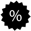 Forma de estrella negra con un signo de porcentaje blanco, que indica una venta o descuento.