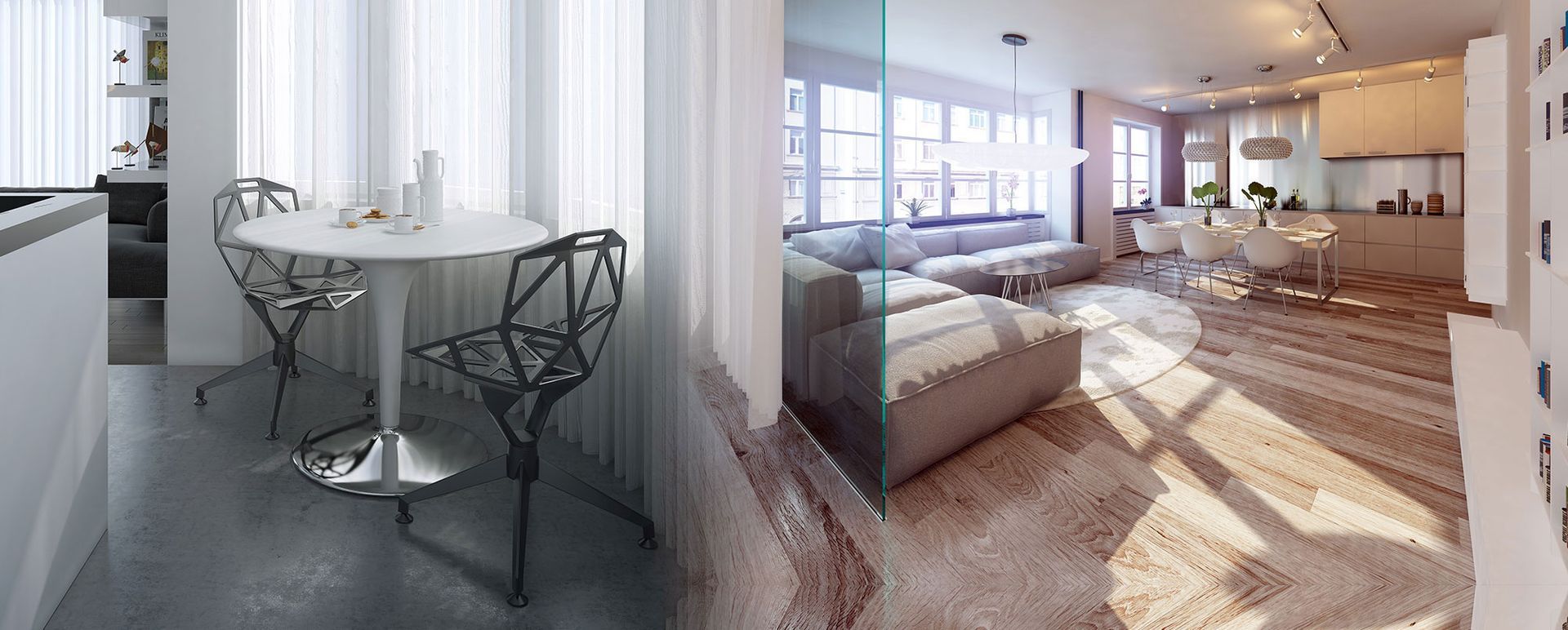 Intérieur moderne avec une table blanche et des chaises géométriques, un salon avec un canapé et une cuisine.