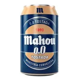 Una lata de cerveza Mahou 0.0 Tostada en colores azul y tostado.