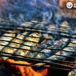 Pescado asándose al fuego en una barbacoa. Sale humo del pescado y de las llamas.
