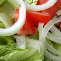 Primer plano de ensalada con lechuga, tomates rojos en rodajas y aros de cebolla blanca.