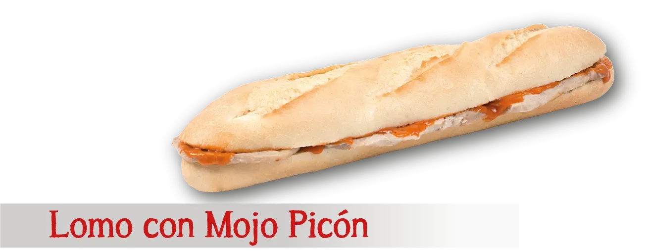 Un sándwich largo relleno de salsa de naranja, etiquetado 