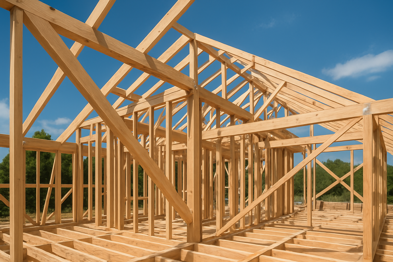 Une structure en bois d'une maison en construction avec un ciel bleu en arrière-plan.