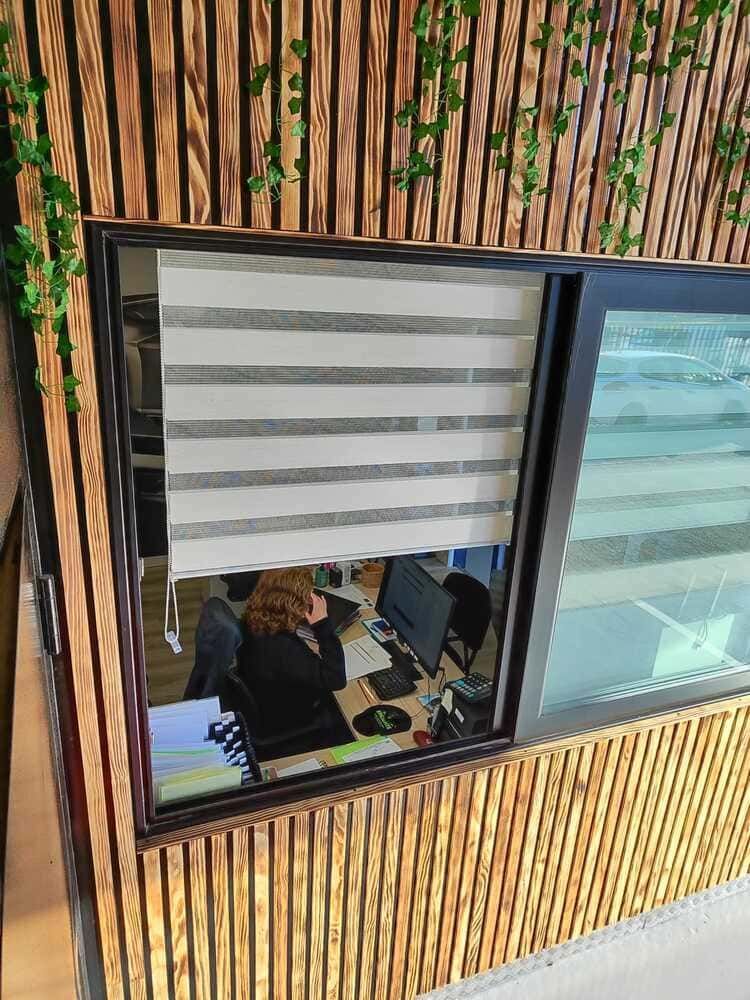 Mujer trabajando en un escritorio visible a través de una ventana con persianas a rayas, situada en una pared de madera con vegetación colgante.