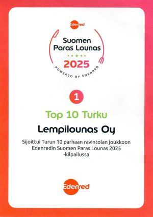 Suomen Paras Luonos 2025 -palkintokortti, Top 10 Turku, palkittu LempiLounas Oy
