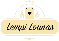 Kultainen leipomotyylinen logo, jossa lukee ”Lempi Lounas” ja jossa on sydämellä koristeltu tunnus sekä tähtiä sen yläpuolella