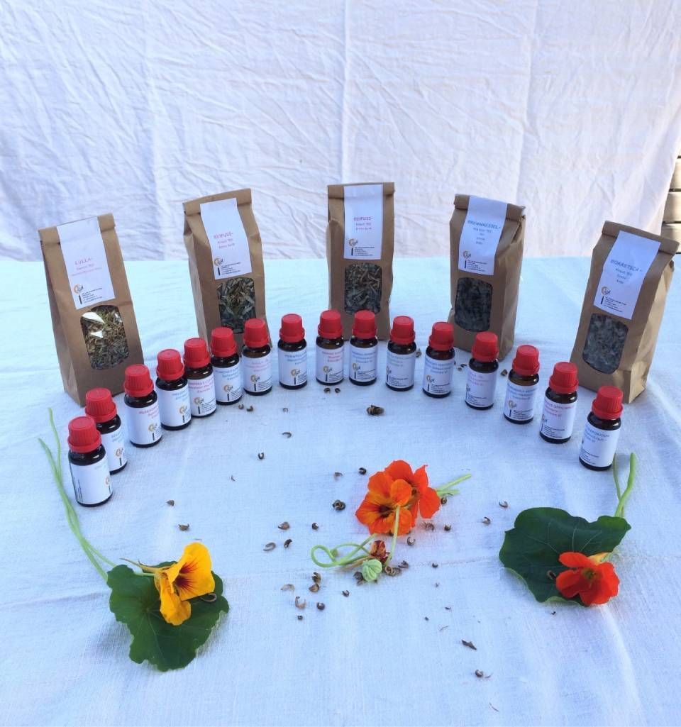 Eine Auswahl an Flaschen und Beuteln, die mit Blumen auf weissem Grund arrangiert sind, möglicherweise für pflanzliche Heilmittel.