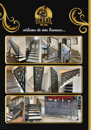 Des escaliers et des rampes en métal sont présentés sur une affiche publicitaire. Les couleurs noir et or sont omniprésentes.