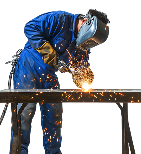 Soudeur en salopette bleue, soudeur sur table métallique ; des étincelles jaillissent, masque de protection sur le visage.