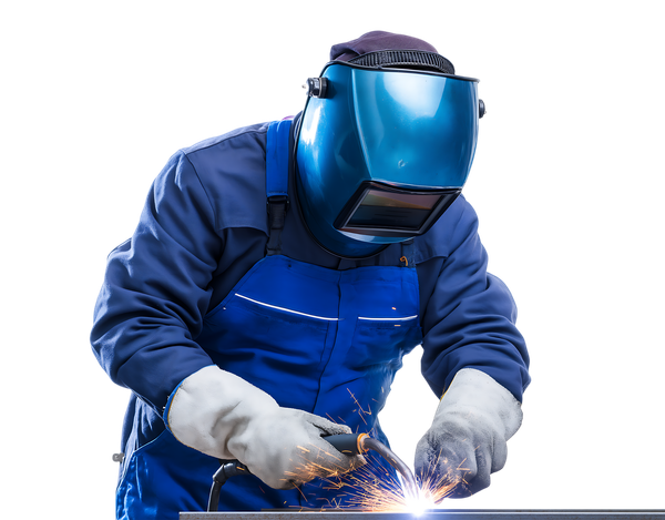 Soudeur en combinaison et casque bleus, en train de souder du métal, des étincelles jaillissent.