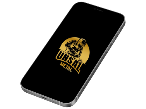 Smartphone affichant un logo doré, UNSAL METAL, avec une figure de soudure sur fond noir.