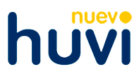 Logotipo de la palabra "huvi" en azul oscuro con la palabra "nuevo" en amarillo encima.