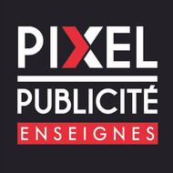 Vers la page d'accueil Logo Pixel Publicité: texte blanc sur fond noir. PIXEL avec un Xrouge, PUBLICITÉet «ENSEIGNES» en rouge.