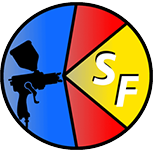 ein Logo mit einer Sprühpistole in einem Kreis