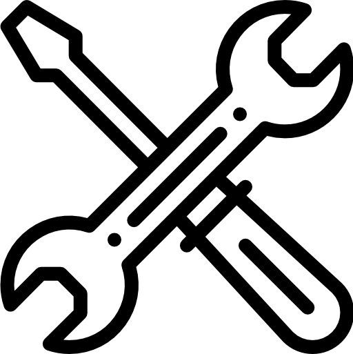 ein schwarz-weißes Symbol eines Kreuzes von Schraubenschlüsseln und Schraubendrehern .