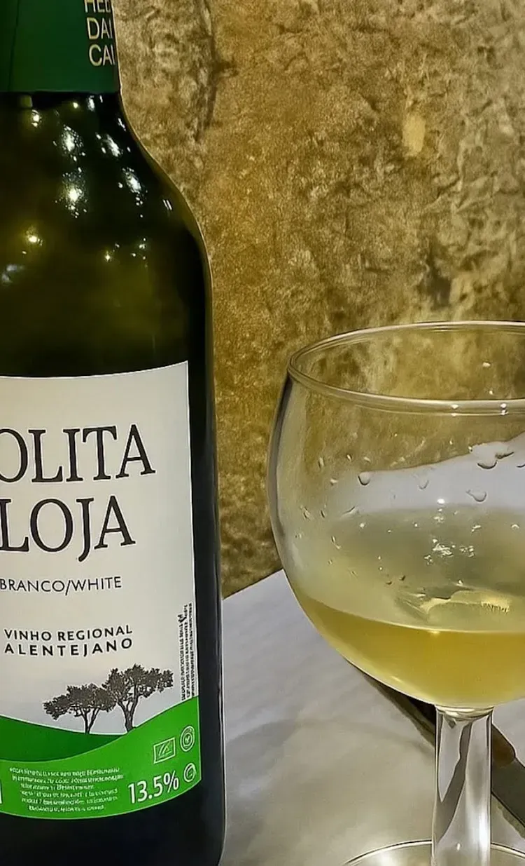 Botella de vino blanco y una copa llena sobre una mesa con un muro de piedra de fondo.