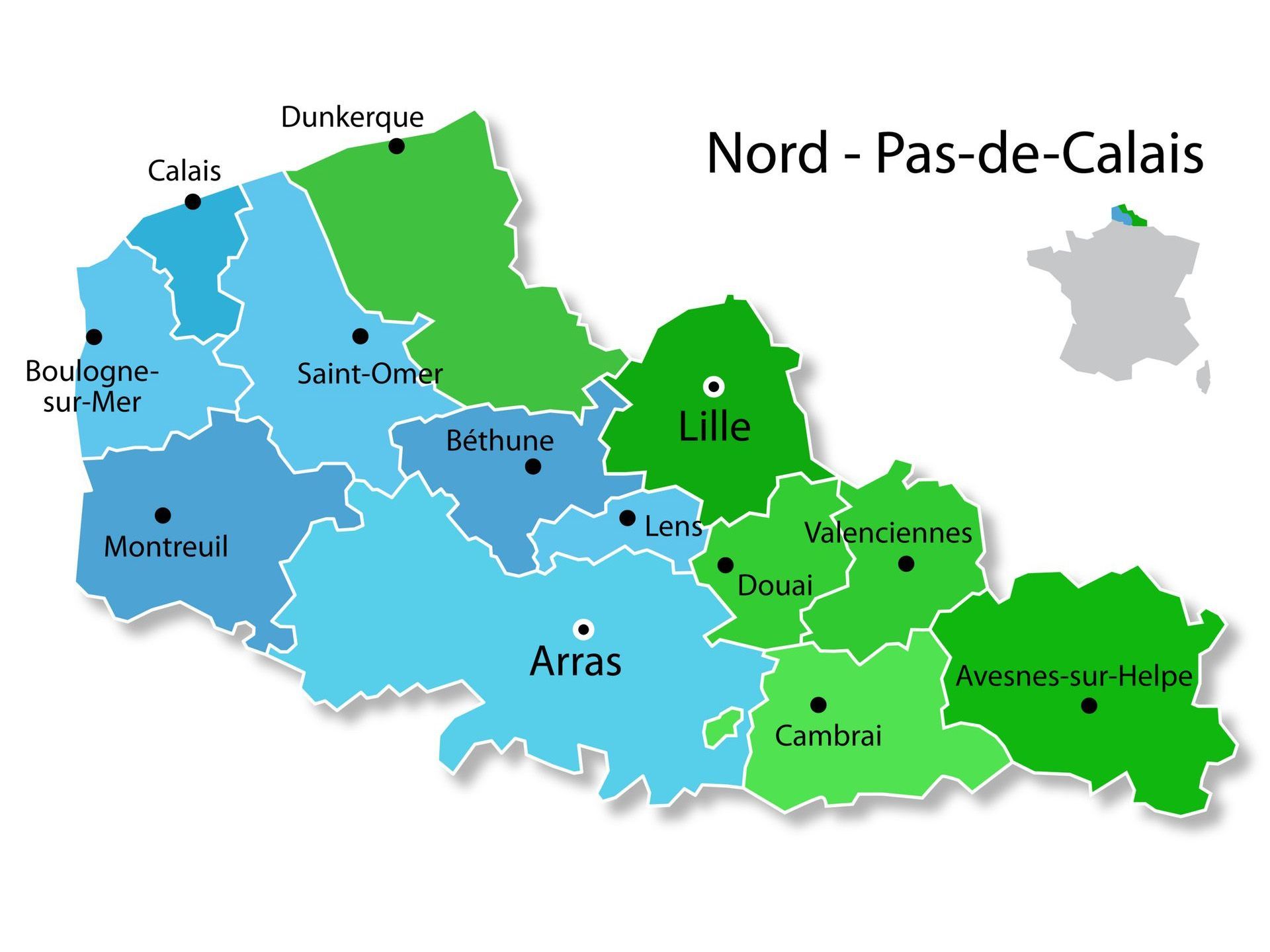 Carte du Nord-Pas-de-Calais, avec les principales villes mises en évidence par différentes couleurs.