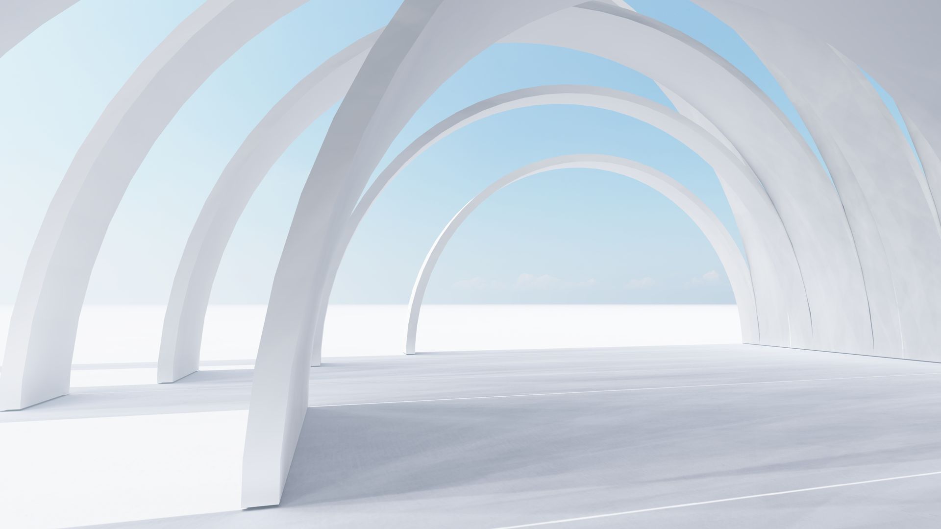 Eine 3D-Darstellung eines Tunnels mit Bögen und einem blauen Himmel im Hintergrund.