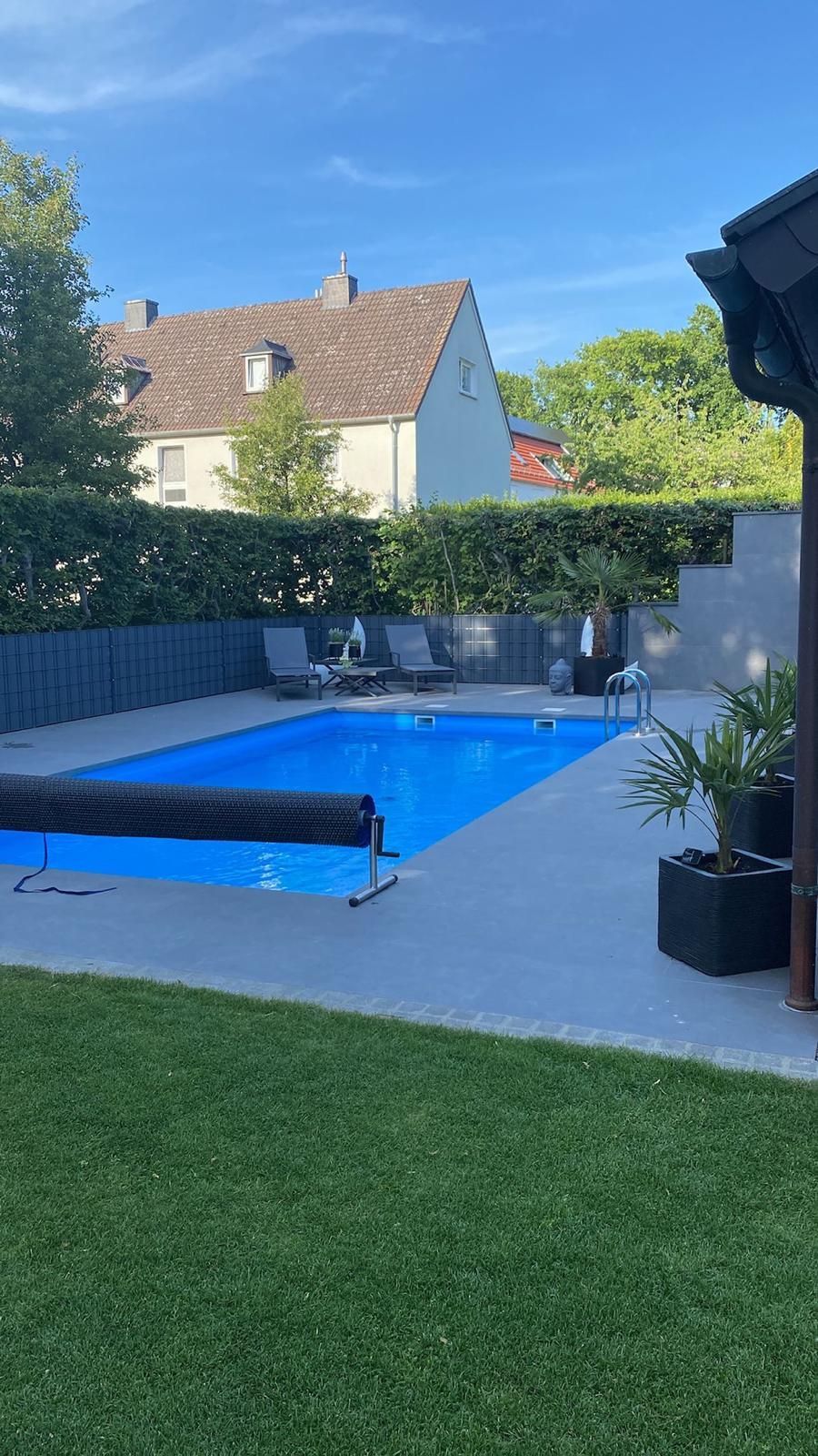 Blauer, rechteckiger Pool, Terrasse und Rasen in einem Hinterhof. Häuser und Bäume im Hintergrund an einem sonnigen Tag.