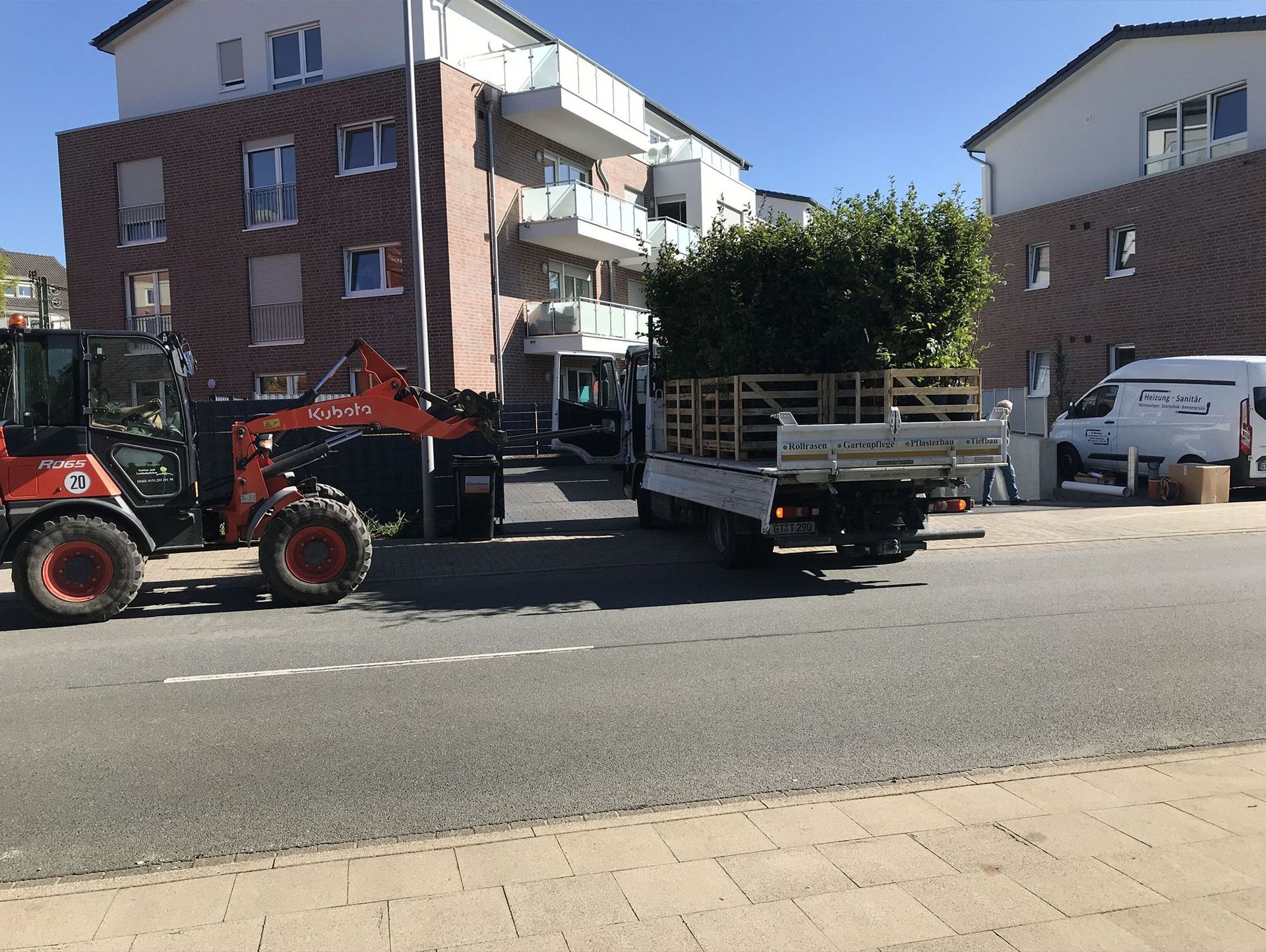 Ein kleiner orangefarbener Lader hebt eine Palette mit einem Baum auf die Ladefläche eines kleinen Lastwagens auf einer Stadtstraße.