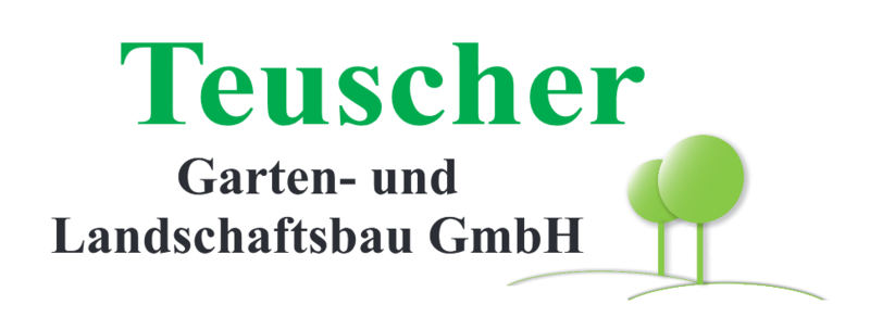 Logo der Teuscher Garten- und Landschaftsbau GmbH mit gr&uuml;nem Text und zwei gr&uuml;nen Baumsymbolen.