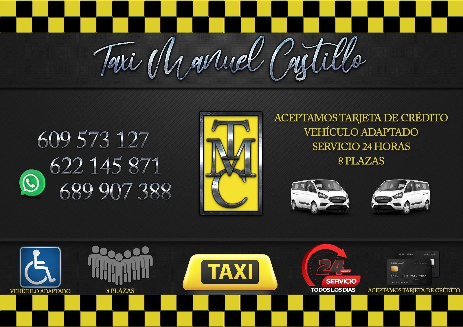 Un anuncio a cuadros negros y amarillos del taxi Manuel Castillo.