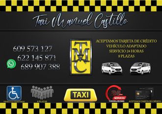 Un anuncio a cuadros negros y amarillos del taxi Manuel Castillo.