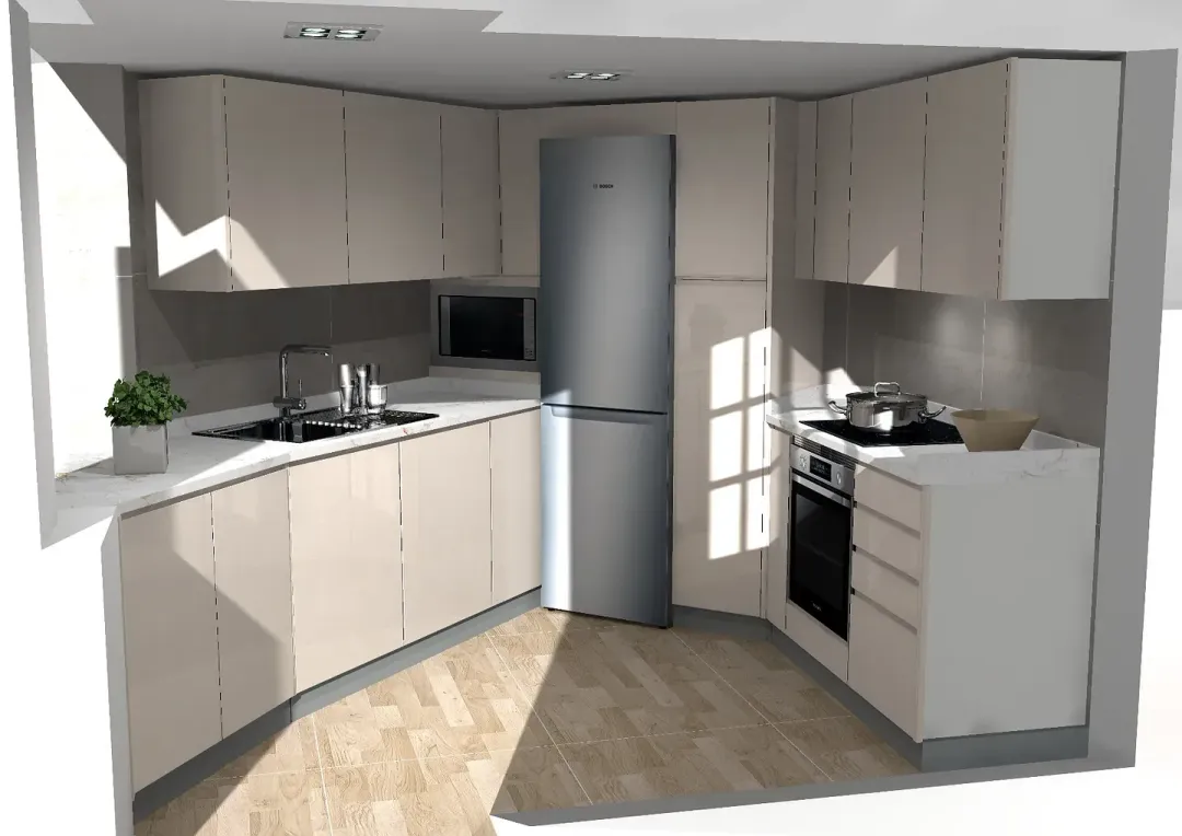 Una representación 3D de una cocina con gabinetes blancos y un refrigerador de acero inoxidable.