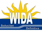 A blue and yellow logo for wida solución definitiva