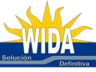 A blue and yellow logo for wida solución definitiva