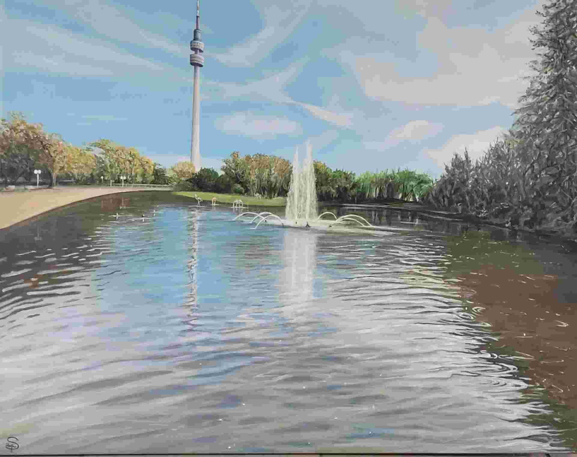 ein Gemälde eines Teichs mit einem Brunnen im Hintergrund