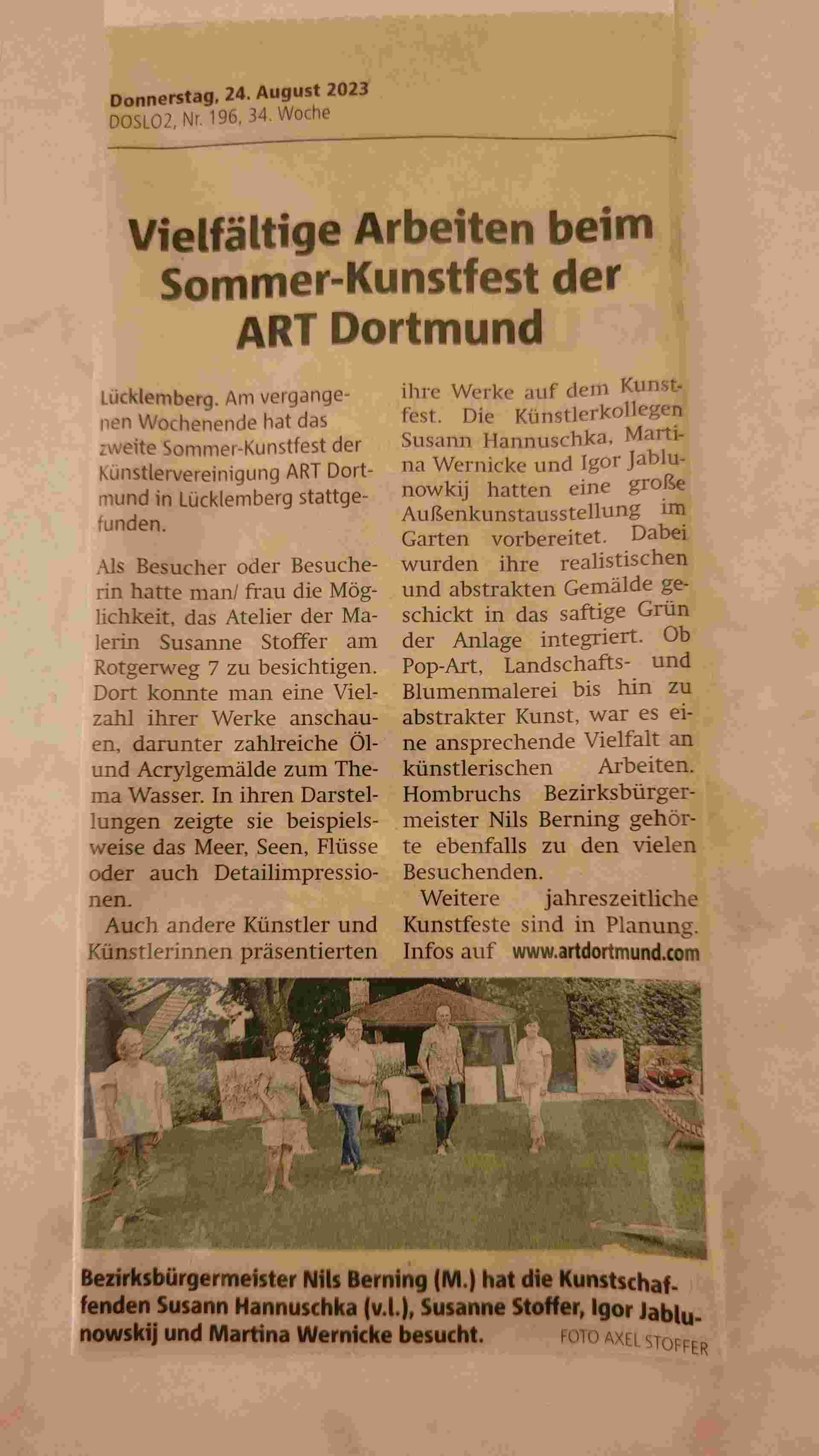 Zeitungsartikel vom 24.08.2023 über vielfältige Arbeiten beim Sommer-Kunstfest der ART Dortmund