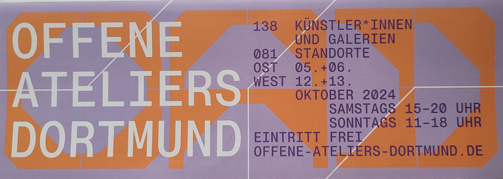 Plakat für Open Studios Dortmund, mit Text in Weiß und Orange auf violettem Hintergrund.