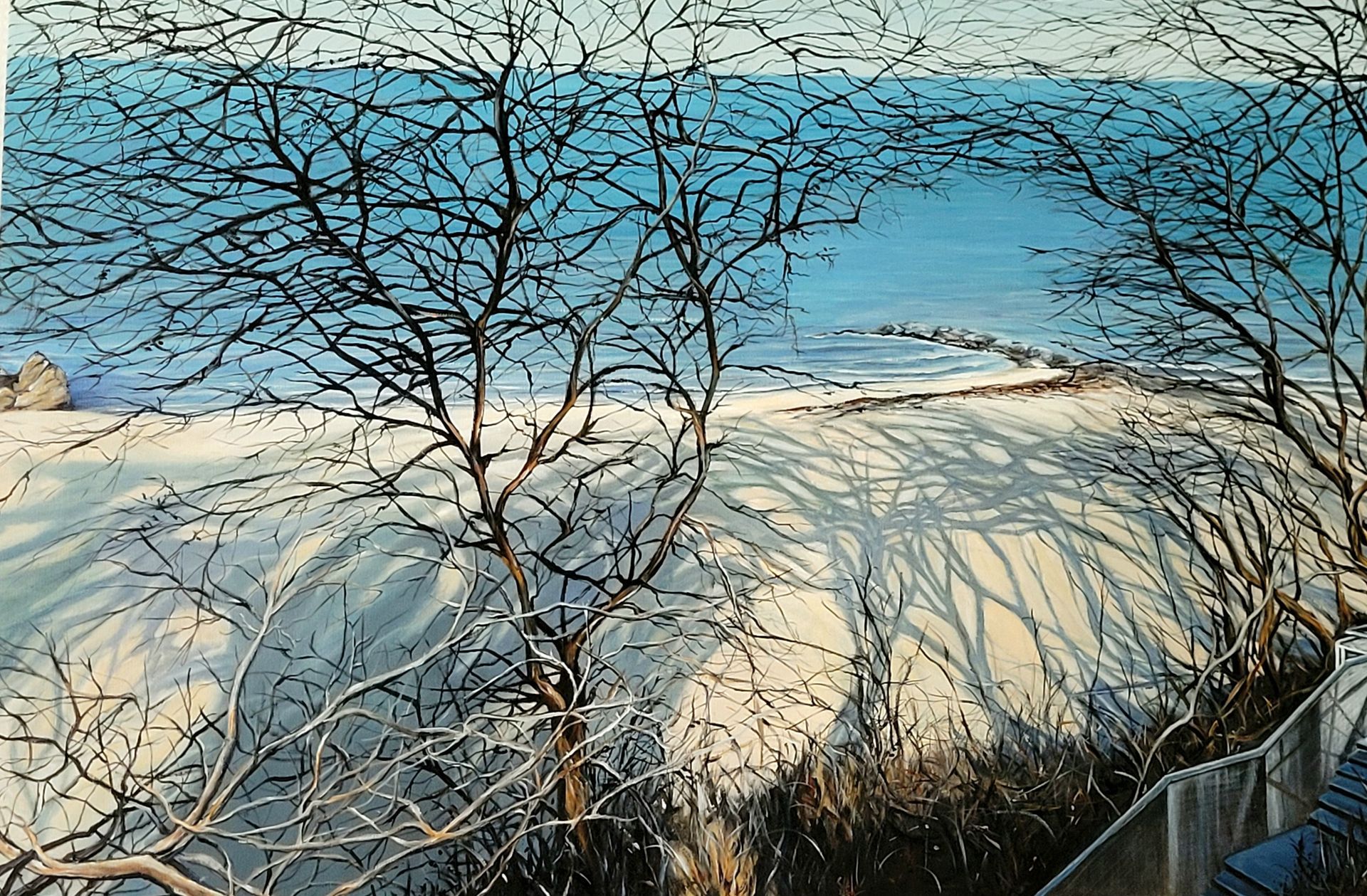 Kahle Bäume werfen Schatten auf einen sonnigen Strand, im Hintergrund das Meer.