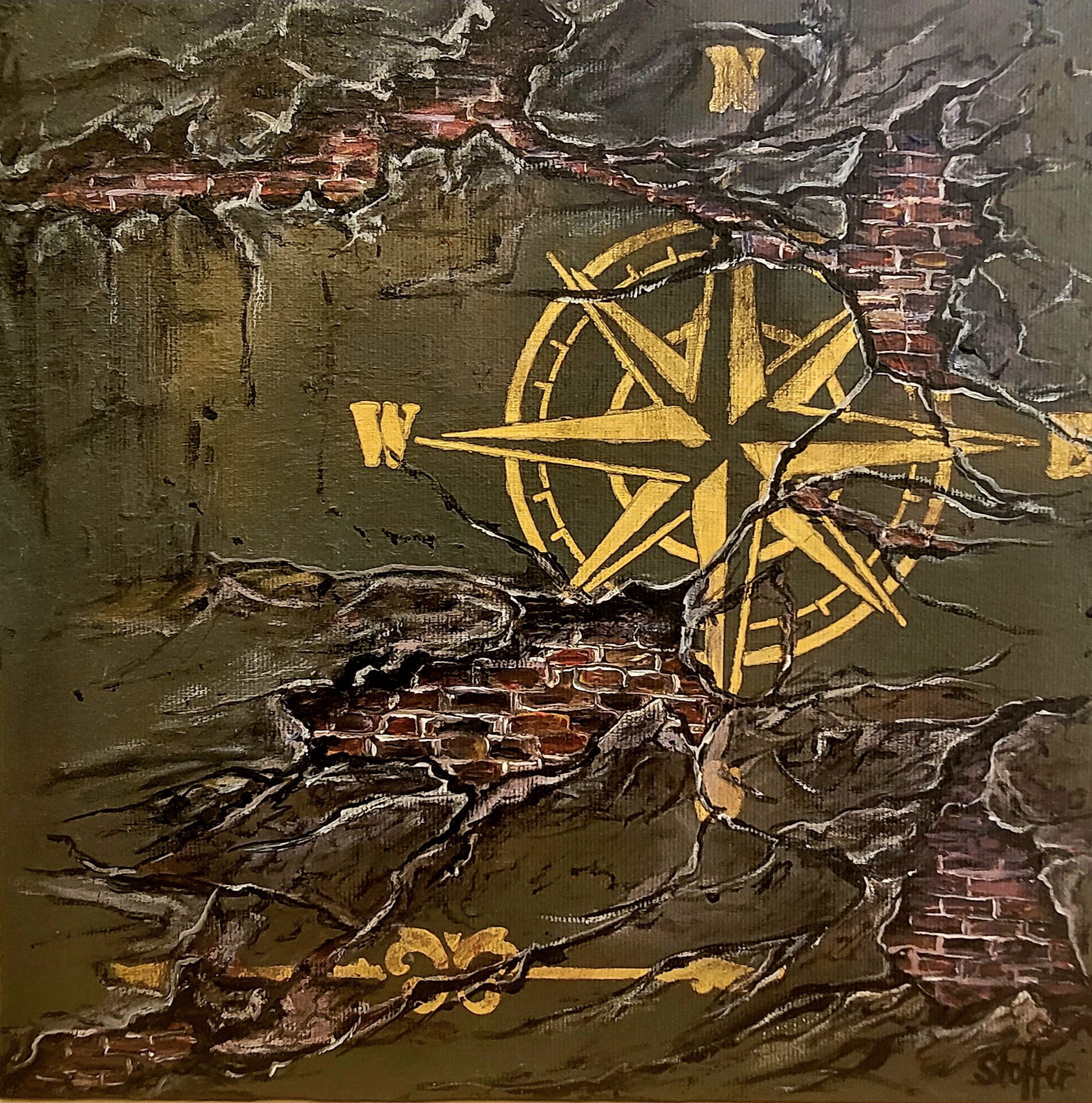 Goldene Kompassrose auf rissigem, strukturiertem, grünem und ziegelfarbenem Hintergrund.