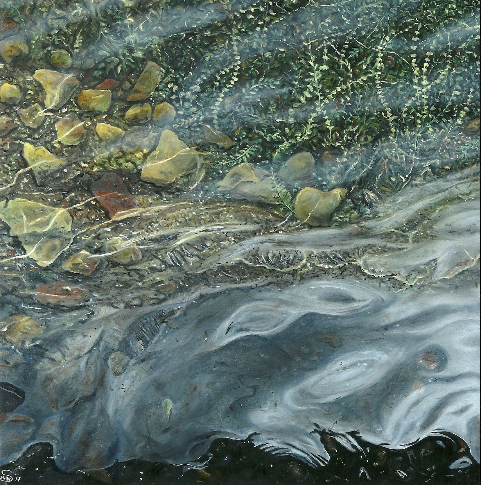 ein Gemälde zeigt einen Fluss mit Felsen im Wasser