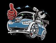 Voiture bleue de dessin anim&eacute; avec un grand pouce lev&eacute;, une roue blanche et une cl&eacute; &agrave; molette, sur fond noir