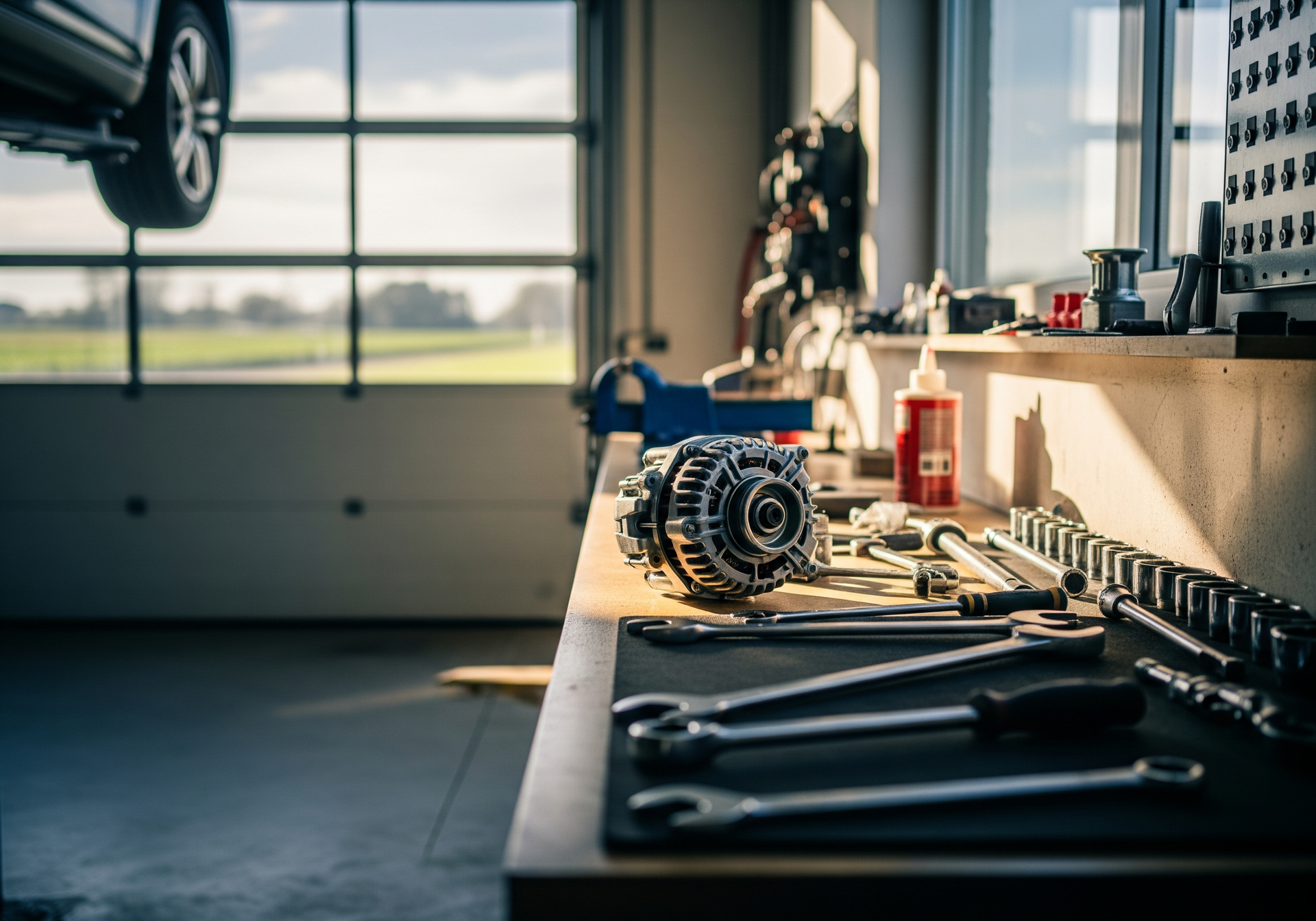 Établi de garage rempli d'outils, avec une pièce automobile, la lumière du soleil inondant les pièces à travers une grande porte ouverte.