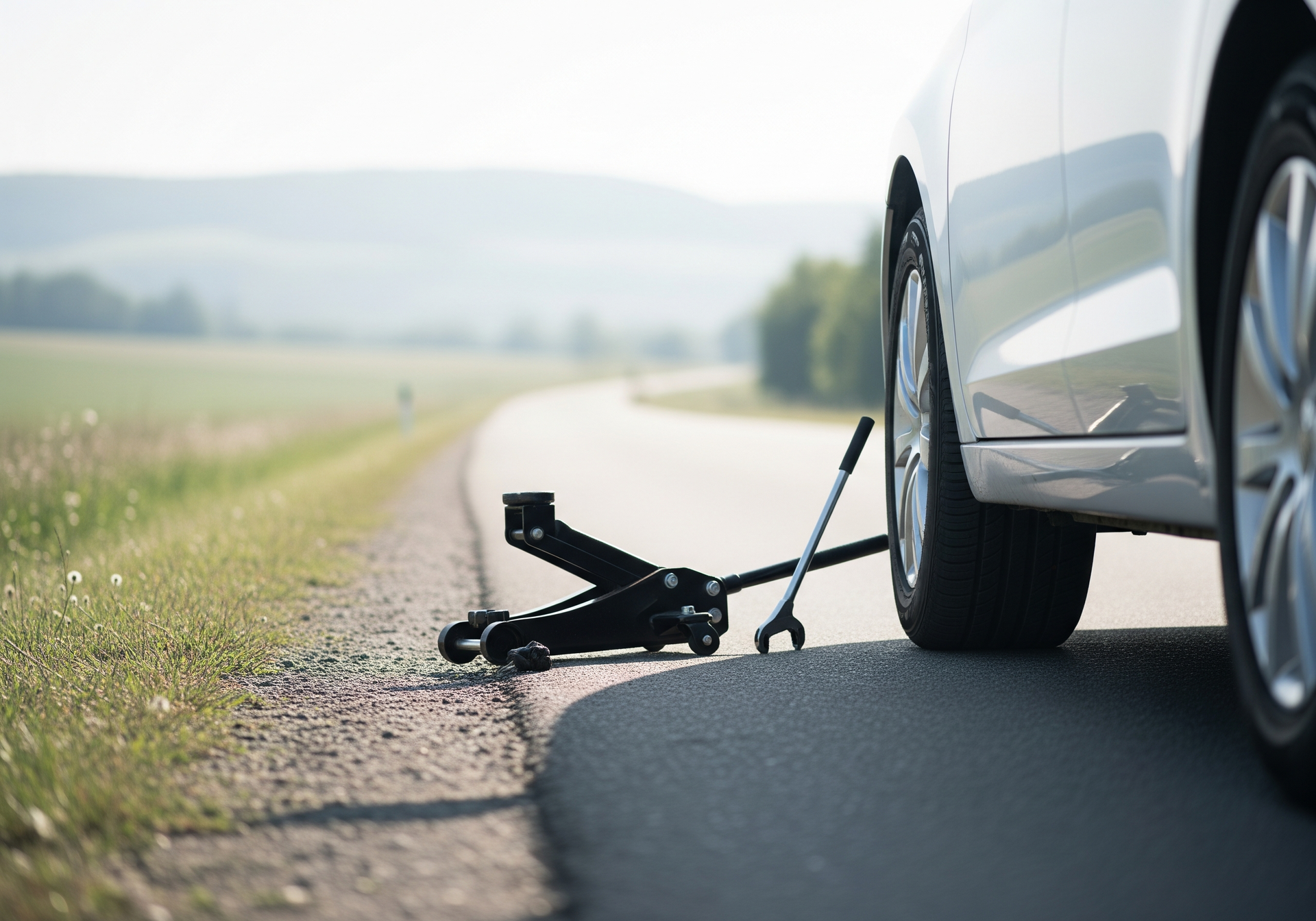 Un cric soulève une voiture blanche avec un pneu crevé, garée au bord d'une route de campagne.