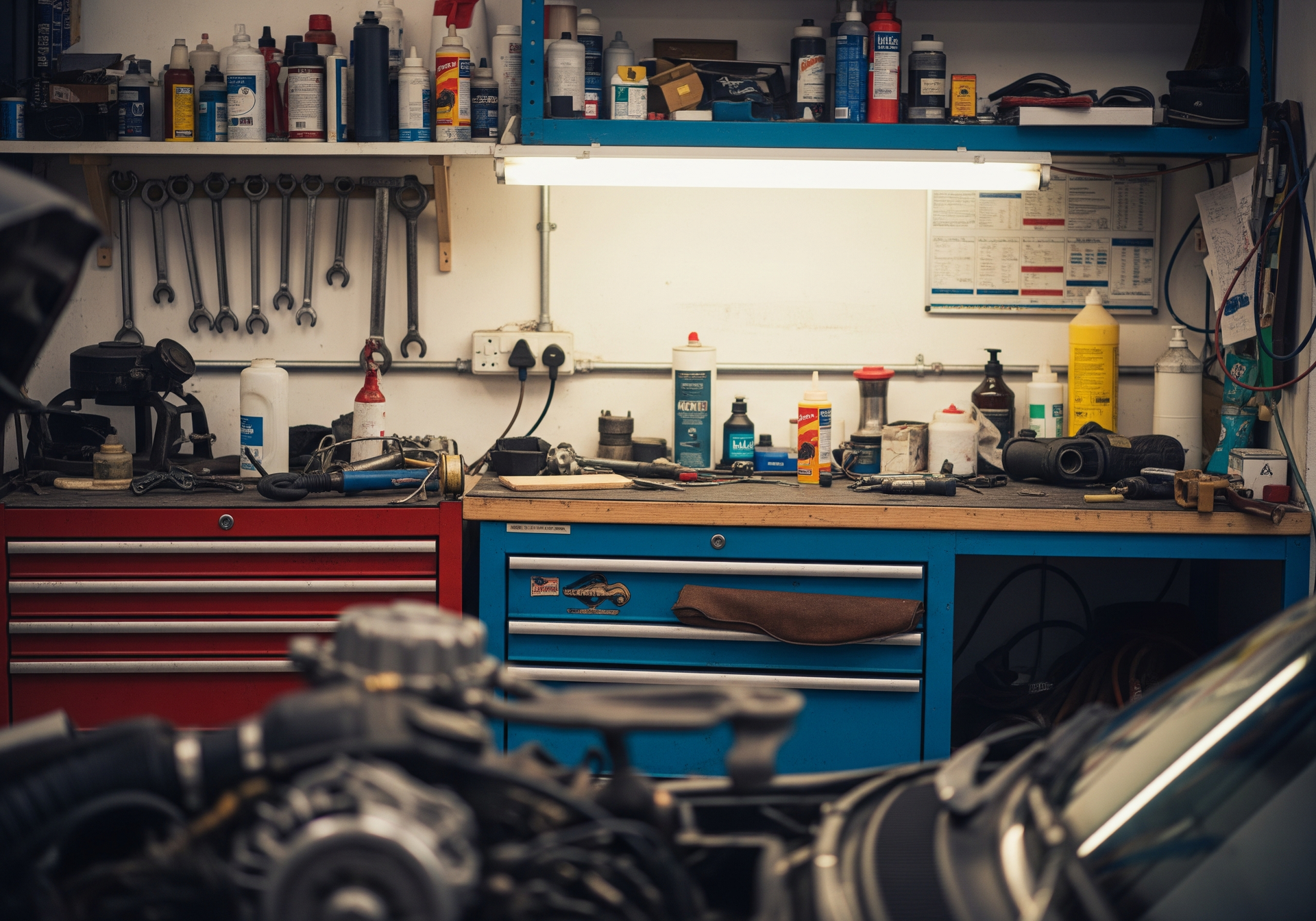 Garage de réparation automobile avec étagères à outils, armoires à outils rouges et bleues et capot de voiture au premier plan