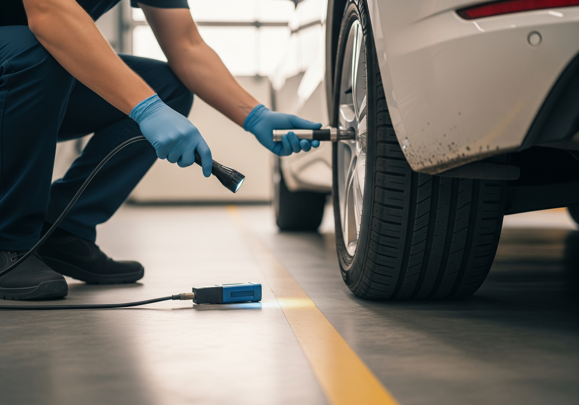 Un mécanicien est accroupi près d'un pneu de voiture, utilisant un outil pour inspecter un pneu crevé dans un garage.