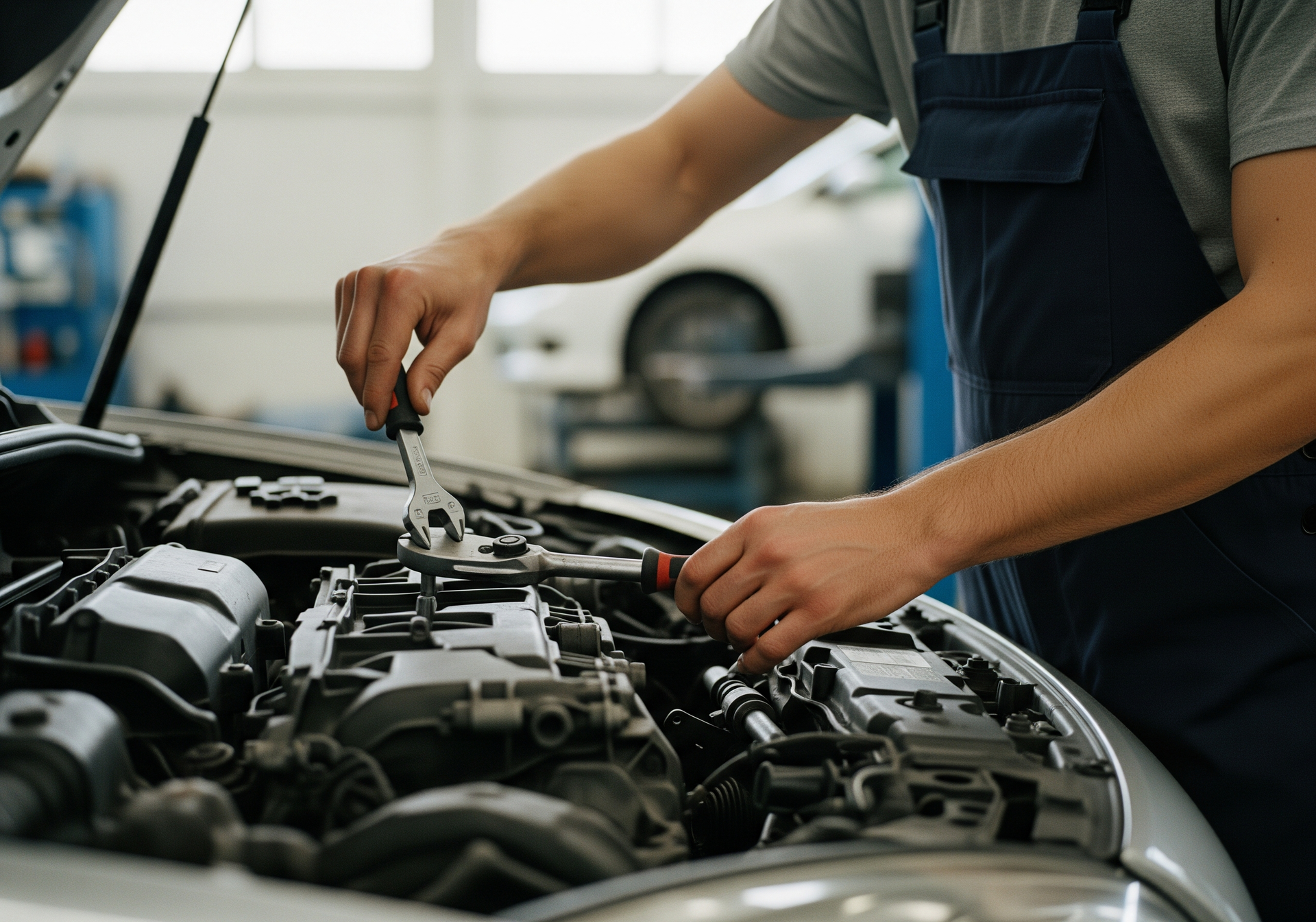 Un mécanicien travaille sur un moteur de voiture ouvert dans un atelier de réparation automobile.